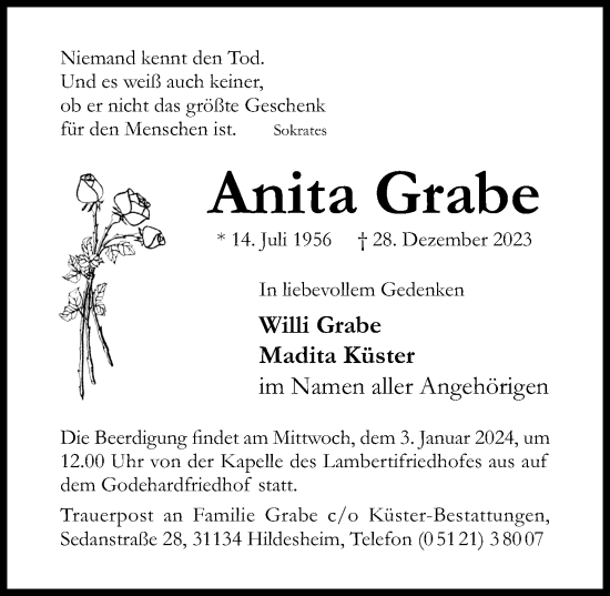 Traueranzeige von Anita Grabe von Hildesheimer Allgemeine Zeitung