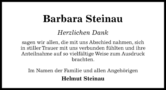 Traueranzeige von Barbara Steinau von Hildesheimer Allgemeine Zeitung