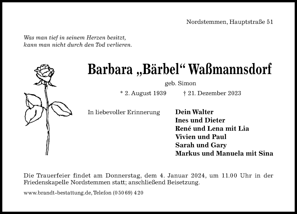  Traueranzeige für Barbara Waßmannsdorf vom 28.12.2023 aus Hildesheimer Allgemeine Zeitung