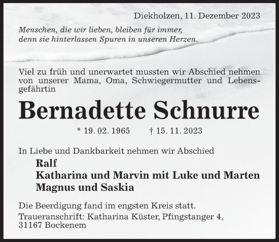 Traueranzeige von Bernadette Schnurre von Hildesheimer Allgemeine Zeitung