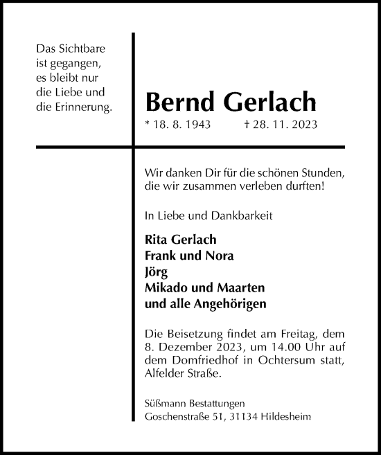 Traueranzeige von Bernd Gerlach von Hildesheimer Allgemeine Zeitung