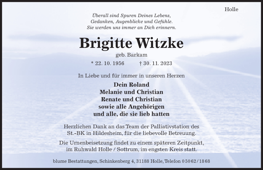  Traueranzeige für Brigitte Witzke vom 06.12.2023 aus Hildesheimer Allgemeine Zeitung