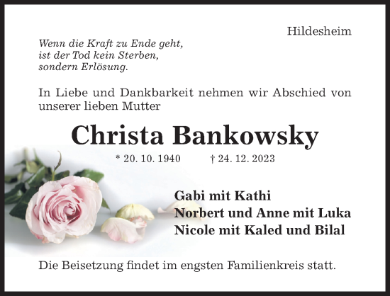 Traueranzeige von Christa Bankowsky von Hildesheimer Allgemeine Zeitung