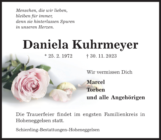 Traueranzeige von Daniela Kuhrmeyer von Hildesheimer Allgemeine Zeitung