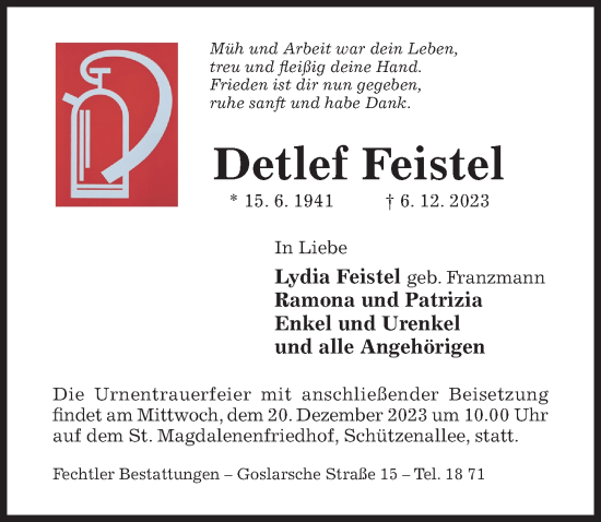 Traueranzeige von Detlef Feistel von Hildesheimer Allgemeine Zeitung