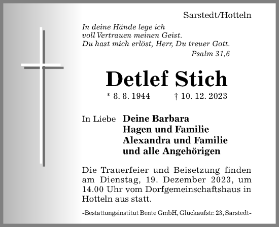 Traueranzeige von Detlef Stich von Hildesheimer Allgemeine Zeitung