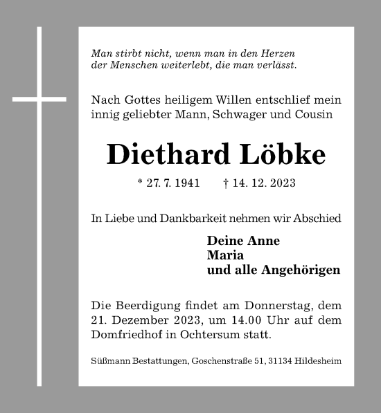 Traueranzeige von Diethard Löbke von Hildesheimer Allgemeine Zeitung