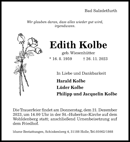 Traueranzeige von Edith Kolbe von Hildesheimer Allgemeine Zeitung