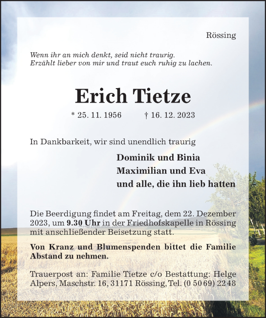 Traueranzeige von Erich Tietze von Hildesheimer Allgemeine Zeitung