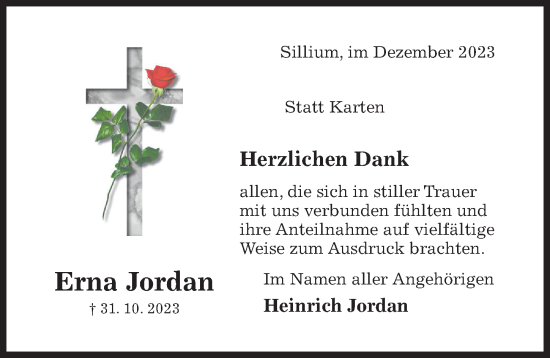 Traueranzeige von Erna Jordan von Hildesheimer Allgemeine Zeitung