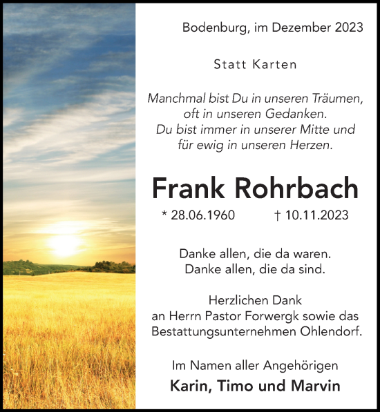 Traueranzeige von Frank Rohrbach von Hildesheimer Allgemeine Zeitung