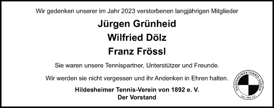 Traueranzeige von Franz Frössl von Hildesheimer Allgemeine Zeitung