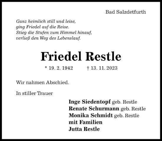 Traueranzeige von Friedel Restle von Hildesheimer Allgemeine Zeitung