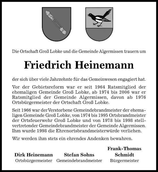 Traueranzeige von Friedrich Heinemann von Hildesheimer Allgemeine Zeitung