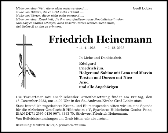 Traueranzeige von Friedrich Heinemann von Hildesheimer Allgemeine Zeitung