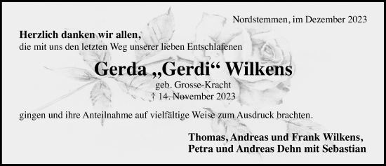 Traueranzeige von Gerda Wilkens von Hildesheimer Allgemeine Zeitung