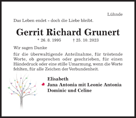 Traueranzeige von Gerrit Richard Grunert von Hildesheimer Allgemeine Zeitung