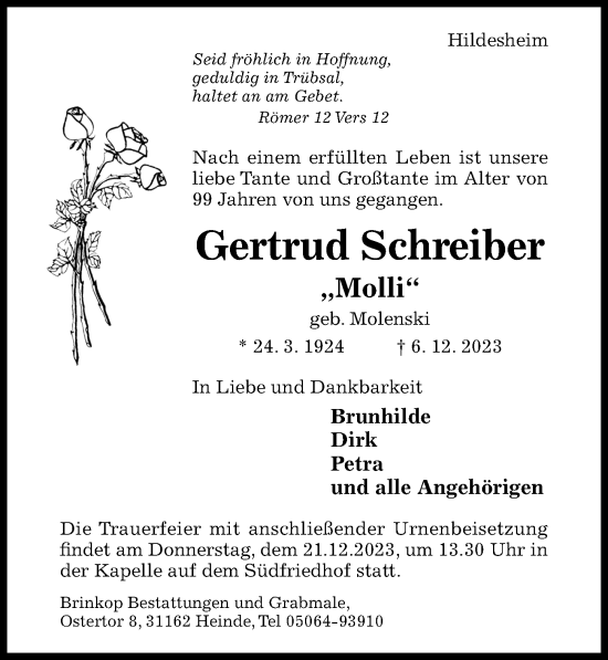 Traueranzeige von Gertrud Schreiber von Hildesheimer Allgemeine Zeitung