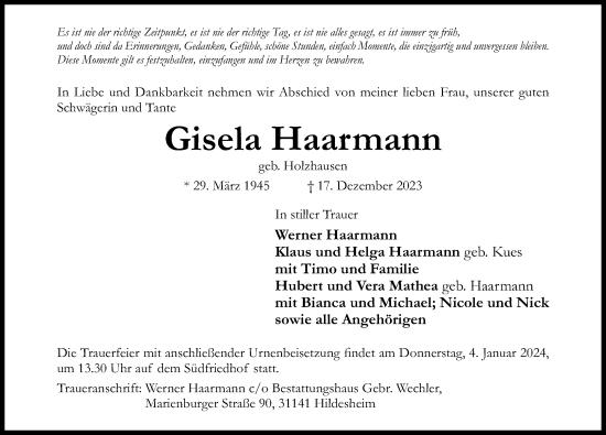 Traueranzeige von Gisela Haarmann von Hildesheimer Allgemeine Zeitung