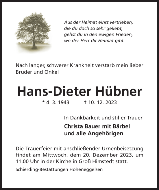 Traueranzeige von Hans-Dieter Hübner von Hildesheimer Allgemeine Zeitung