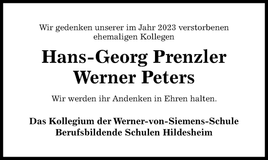 Traueranzeige von Hans-Georg Prenzler von Hildesheimer Allgemeine Zeitung