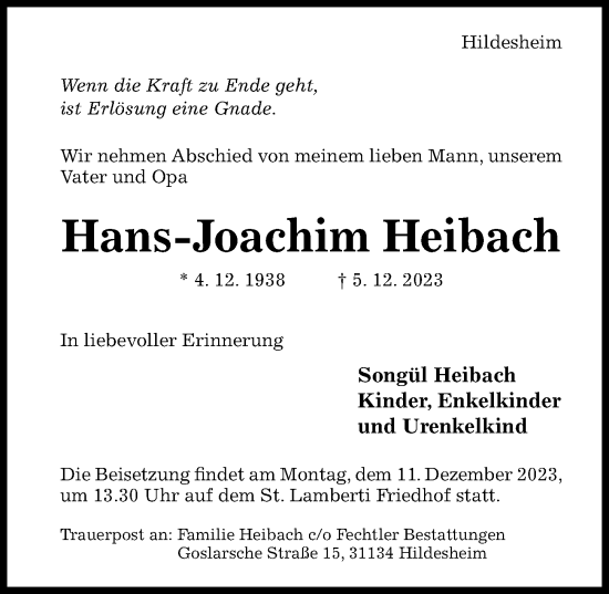 Traueranzeige von Hans-Joachim Heibach von Hildesheimer Allgemeine Zeitung