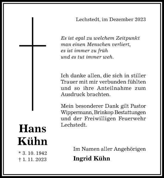 Traueranzeige von Hans Kühn von Hildesheimer Allgemeine Zeitung