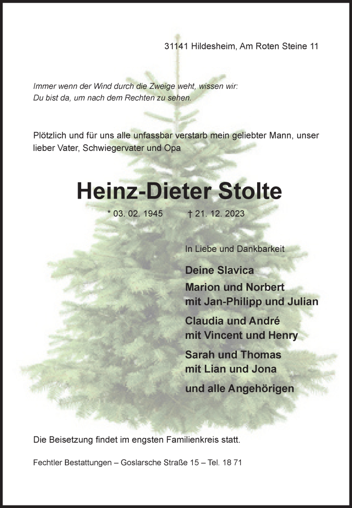  Traueranzeige für Heinz-Dieter Stolte vom 23.12.2023 aus Hildesheimer Allgemeine Zeitung