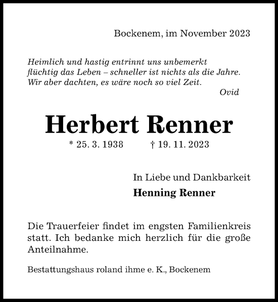 Traueranzeige von Herbert Renner von Hildesheimer Allgemeine Zeitung