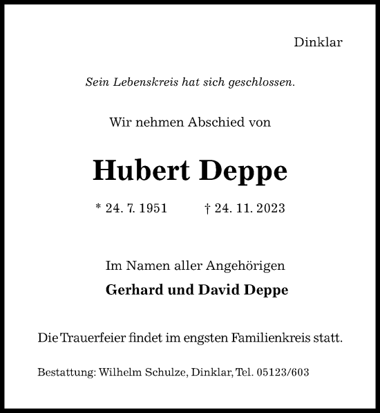 Traueranzeige von Hubert Deppe von Hildesheimer Allgemeine Zeitung