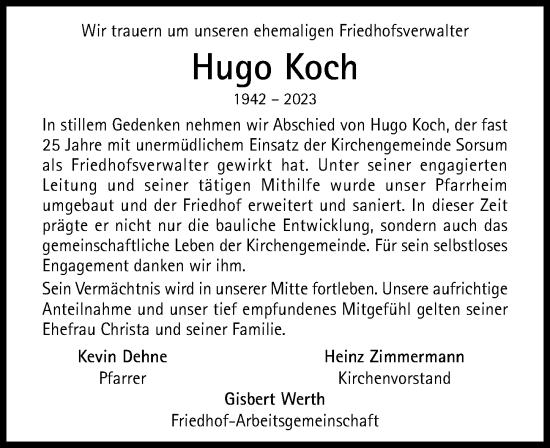 Traueranzeige von Hugo Koch von Hildesheimer Allgemeine Zeitung