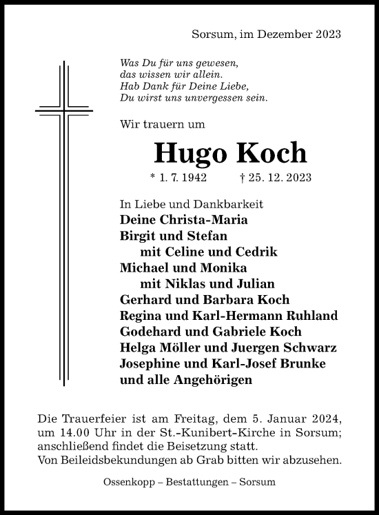 Traueranzeige von Hugo Koch von Hildesheimer Allgemeine Zeitung