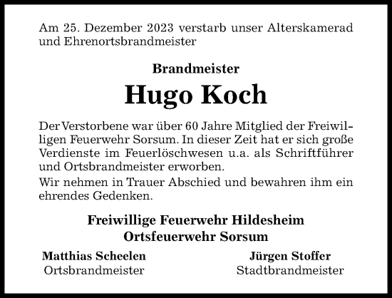 Traueranzeige von Hugo Koch von Hildesheimer Allgemeine Zeitung