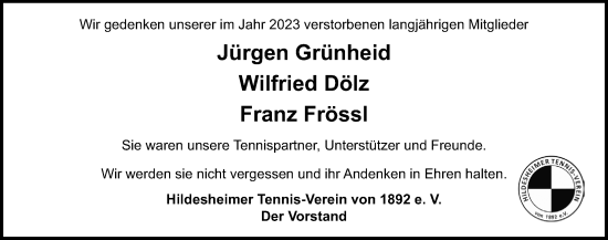 Traueranzeige von Jürgen Grünheid von Hildesheimer Allgemeine Zeitung