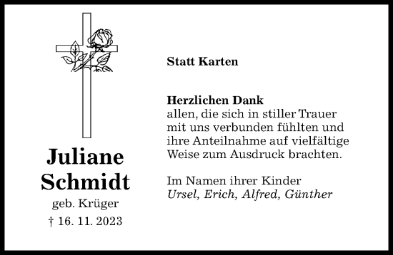 Traueranzeige von Juliane Schmidt von Hildesheimer Allgemeine Zeitung