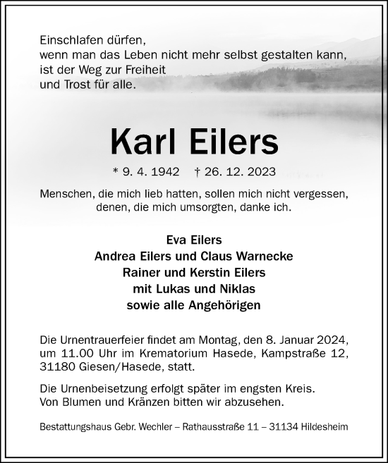 Traueranzeige von Karl Eilers von Hildesheimer Allgemeine Zeitung