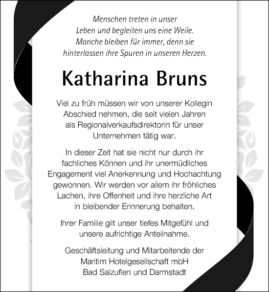 Traueranzeige von Katharina Bruns von Hildesheimer Allgemeine Zeitung