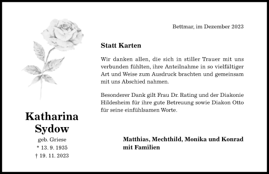 Traueranzeige von Katharina Sydow von Hildesheimer Allgemeine Zeitung