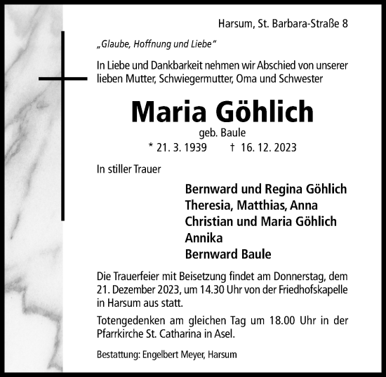 Traueranzeige von Maria Göhlich von Hildesheimer Allgemeine Zeitung