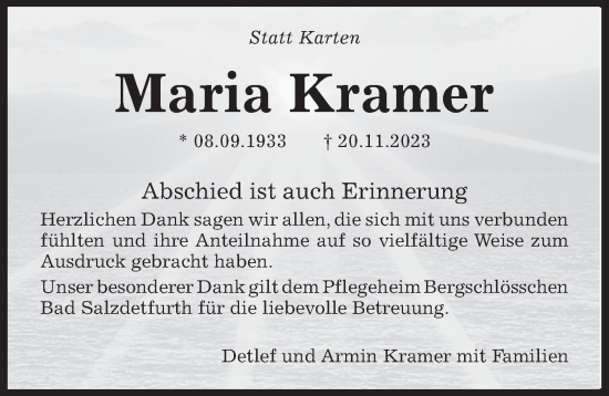 Traueranzeige von Maria Kramer von Hildesheimer Allgemeine Zeitung