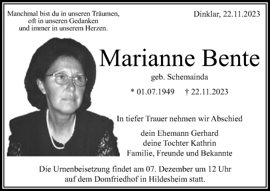 Traueranzeige von Marianne Bente von Hildesheimer Allgemeine Zeitung