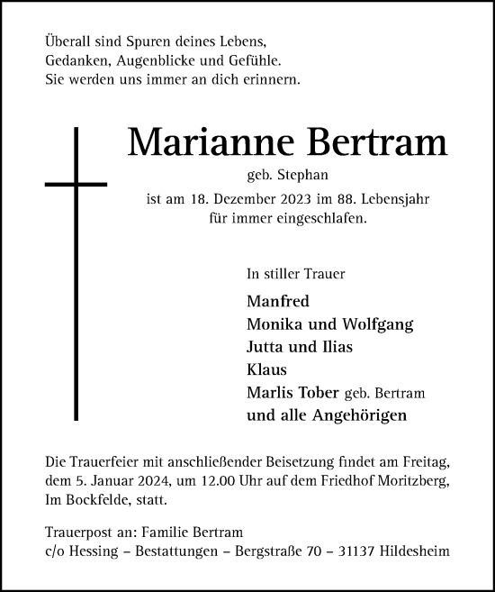 Traueranzeige von Marianne Bertram von Hildesheimer Allgemeine Zeitung