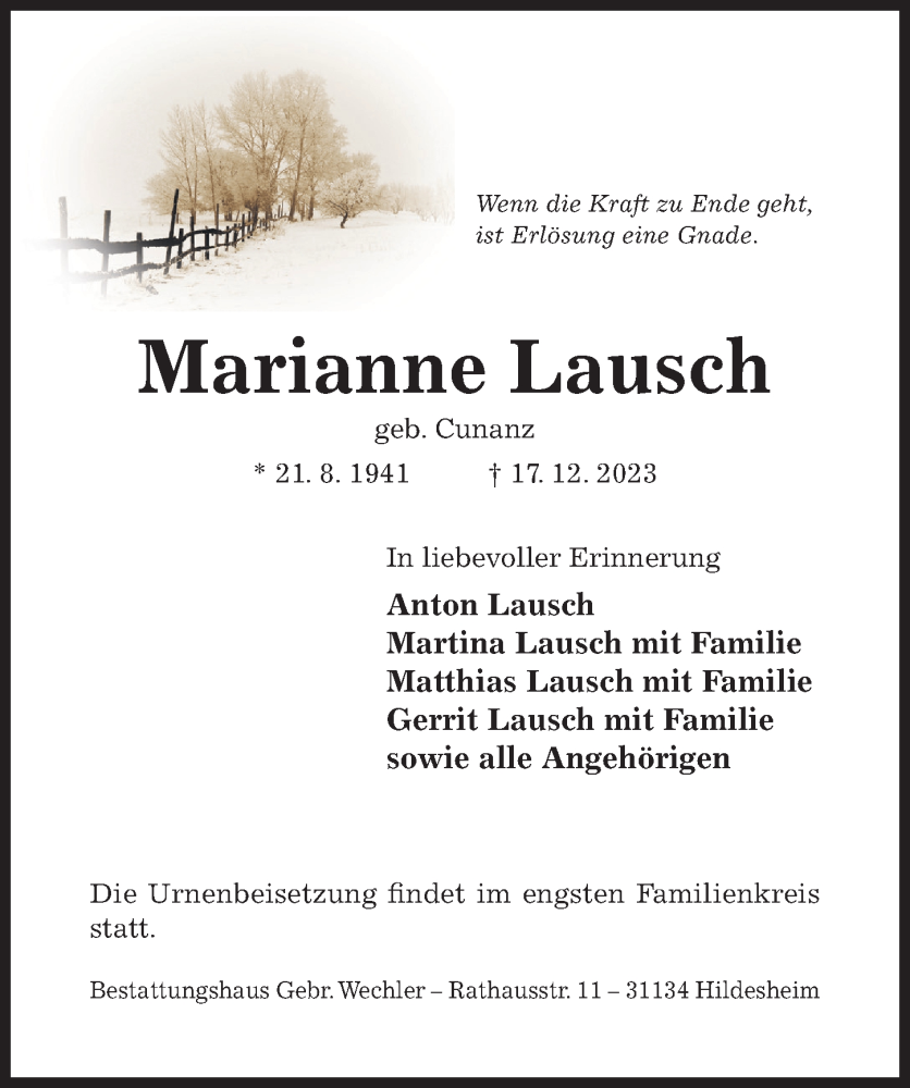  Traueranzeige für Marianne Lausch vom 20.12.2023 aus Hildesheimer Allgemeine Zeitung