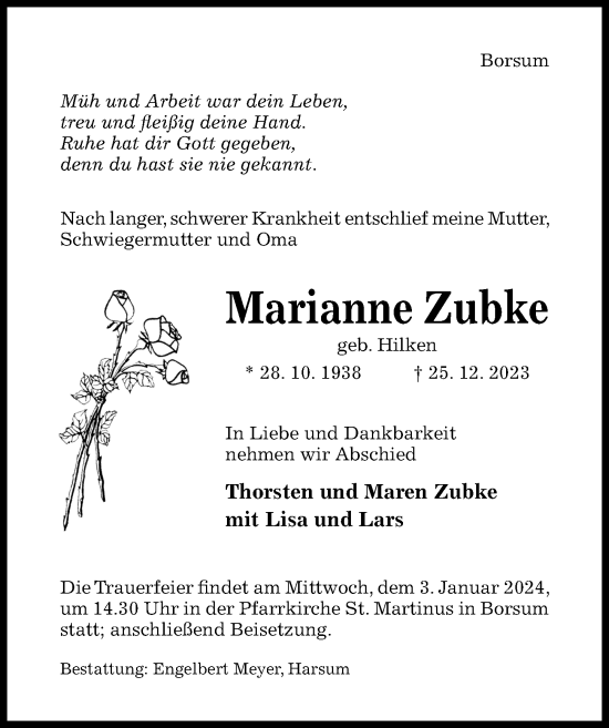 Traueranzeige von Marianne Zubke von Hildesheimer Allgemeine Zeitung