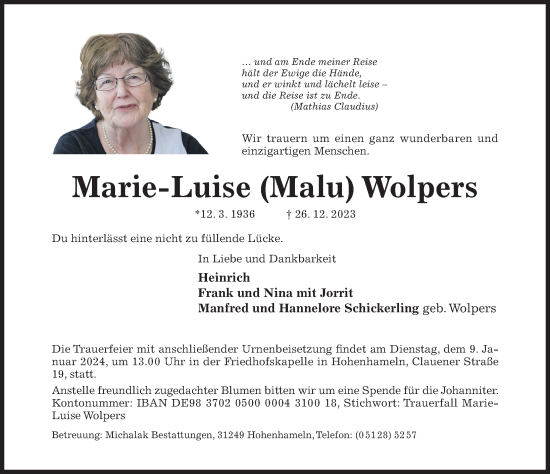 Traueranzeige von Marie-Luise Wolpers von Hildesheimer Allgemeine Zeitung