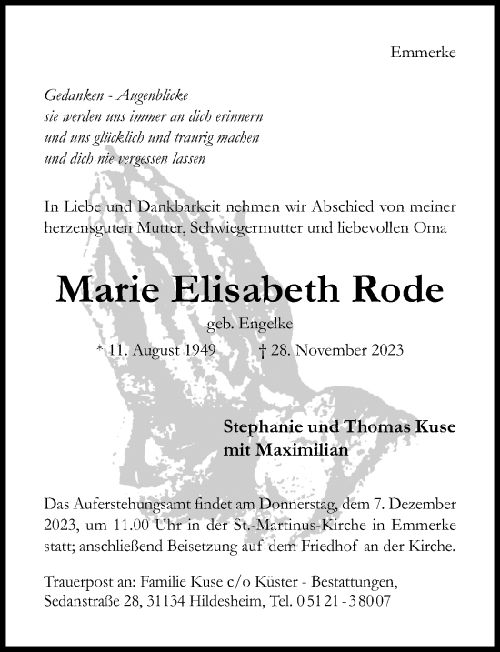 Traueranzeige von Marie Elisabeth Rode von Hildesheimer Allgemeine Zeitung