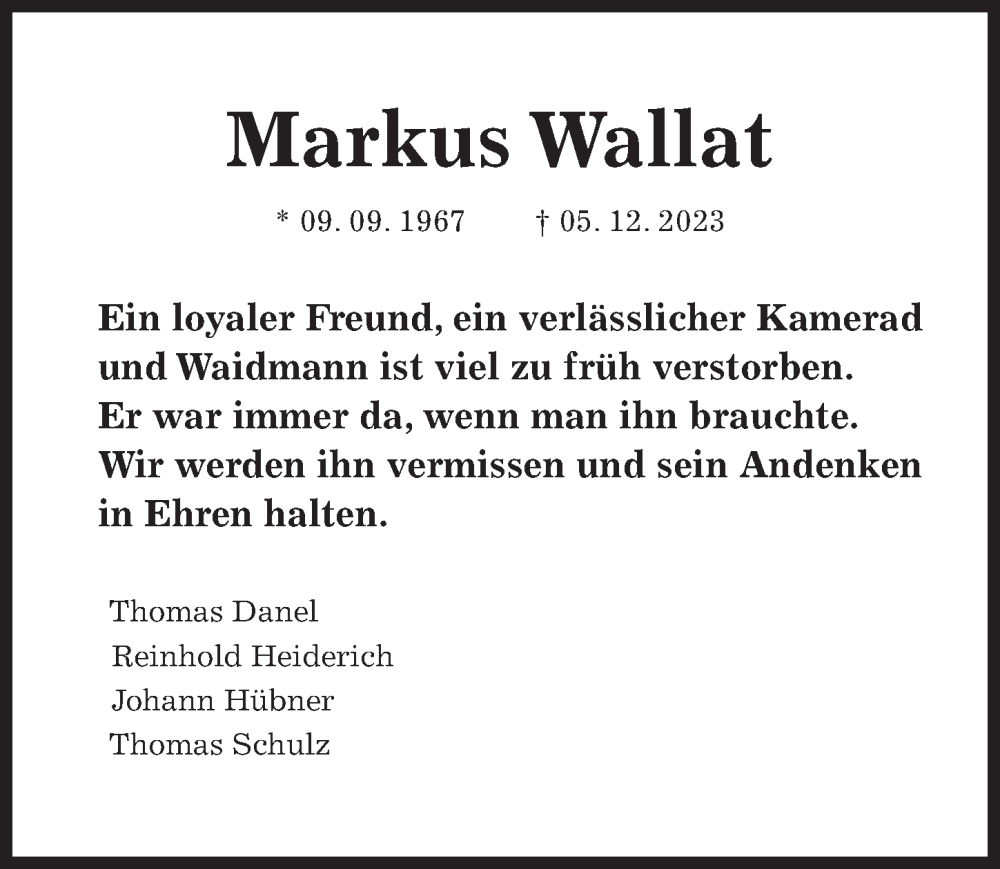  Traueranzeige für Markus Wallat vom 09.12.2023 aus Hildesheimer Allgemeine Zeitung