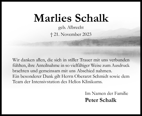 Traueranzeige von Marlies Schalk von Hildesheimer Allgemeine Zeitung