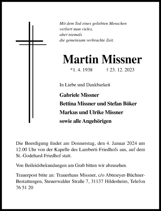 Traueranzeige von Martin Missner von Hildesheimer Allgemeine Zeitung