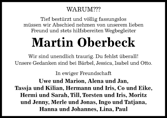 Traueranzeige von Martin Oberbeck von Hildesheimer Allgemeine Zeitung